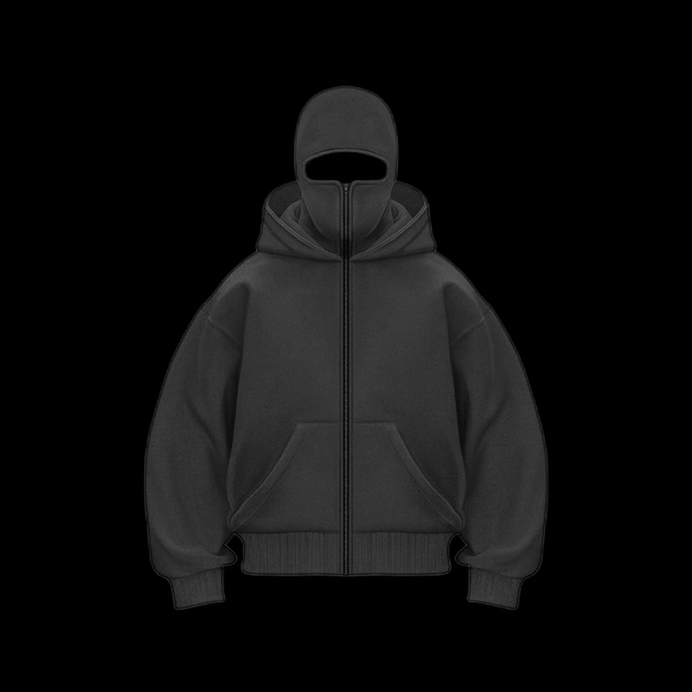Gray layered balaclava zip-up hoodie with central zipper and front pouch.