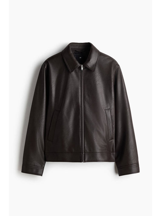 A dark brown faux-leather jacket with a zippered front, collar, and side pockets, displayed on a clean white background.