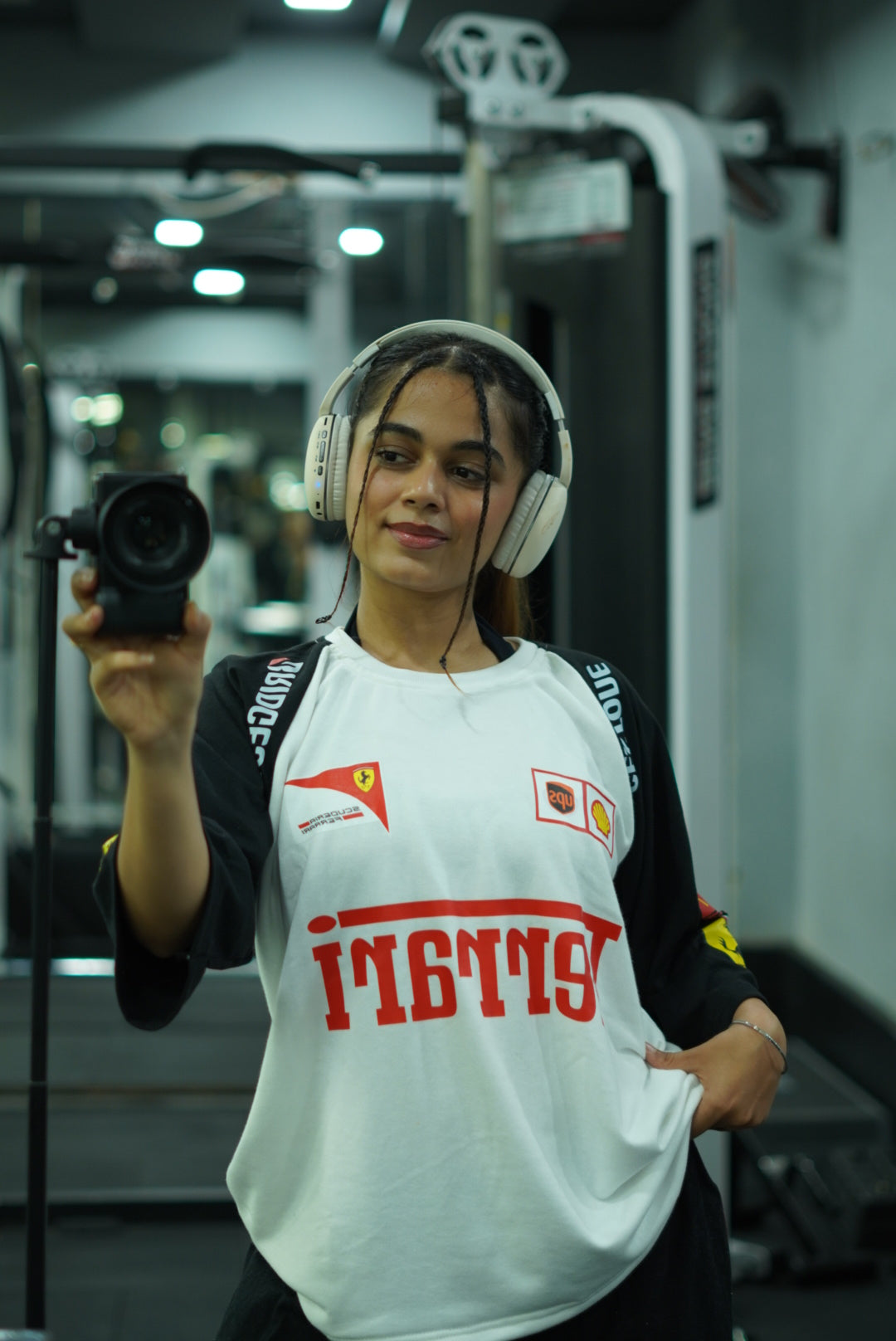 White racing T-shirt with red graphic and Ferrari shield patches, crew neck