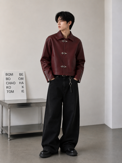 Back view of MercyWear premium maroon cropped leather jacket with oversized Korean fit and smooth faux leather finish.