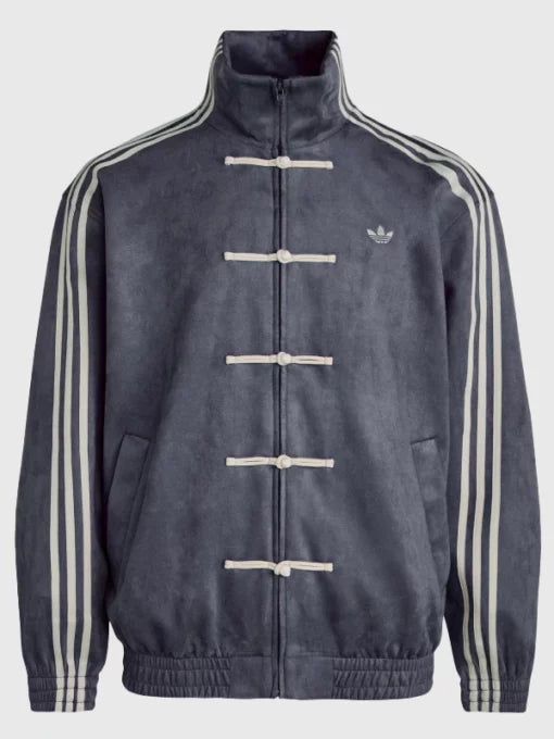 MercyWear grey suede track jacket front view with stripe sleeves