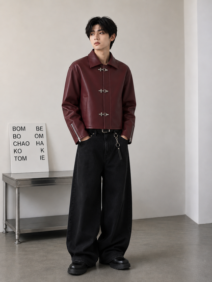 MercyWear premium maroon Korean leather jacket for men with oversized cropped fit and 3 metal hook front closure.