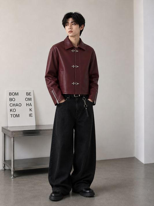 MercyWear premium maroon Korean leather jacket for men with oversized cropped fit and 3 metal hook front closure.