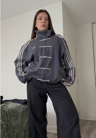 Grey high neck striped sleeve jacket front outfit style