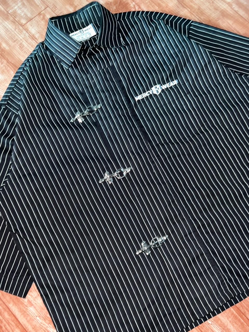 Mercy Wear black cropped metal clasp shirt made with pure cotton lightweight oversized pinstripe streetwear design
