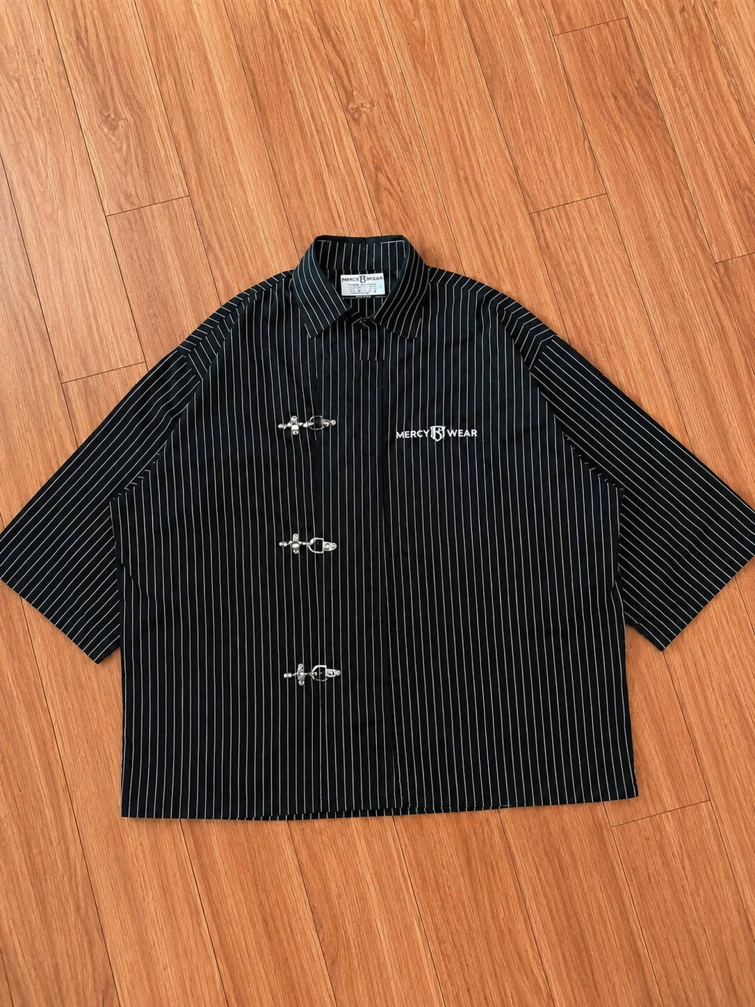 Mercy Wear black metal clasp cropped shirt pure cotton oversized striped lightweight shirt front view