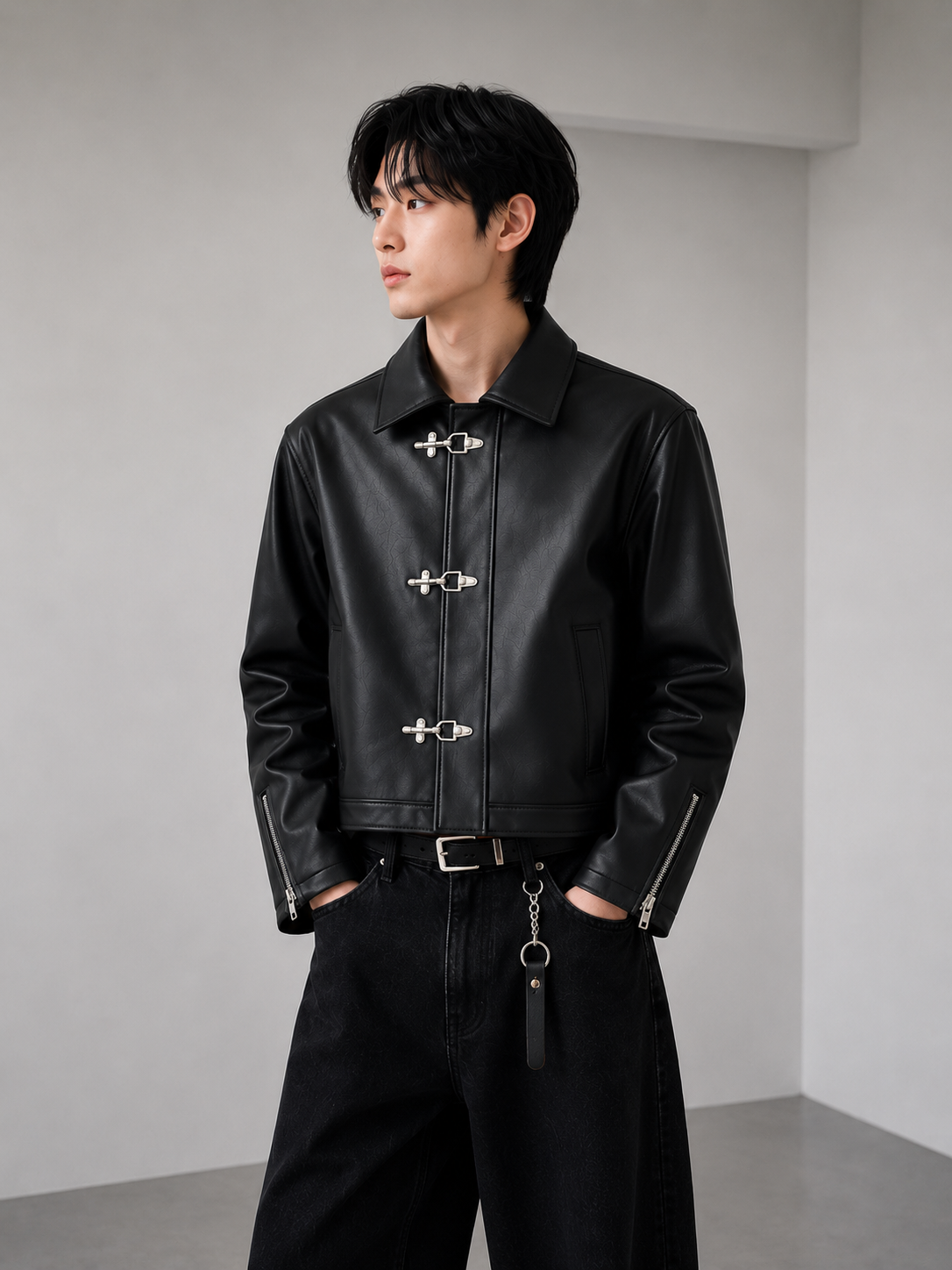 Premium black faux leather cropped jacket by Mercywear