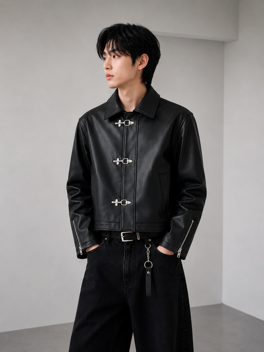 Premium black faux leather cropped jacket by Mercywear