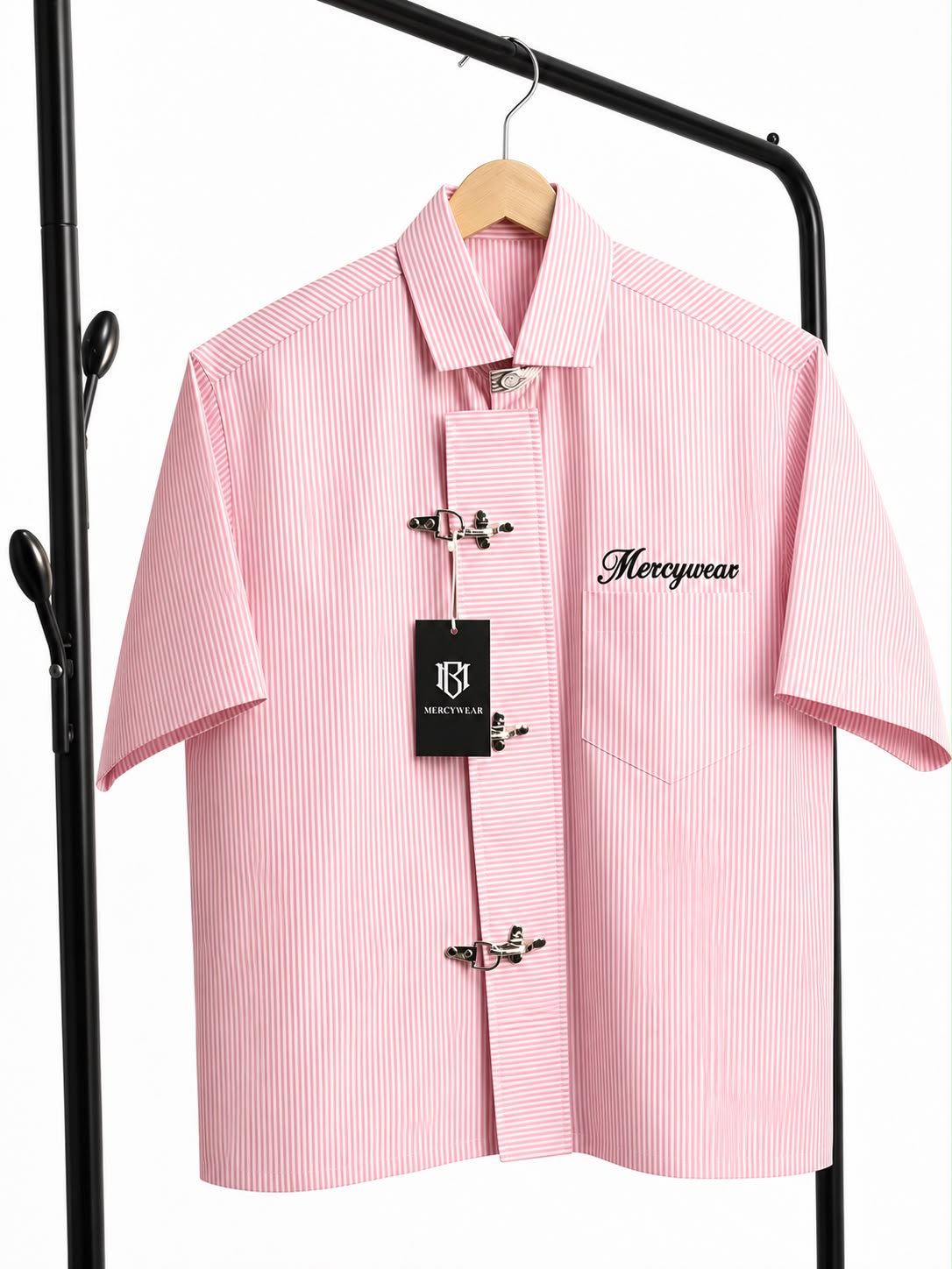 Mercywear premium pink striped metal clasp oversized shirt front view