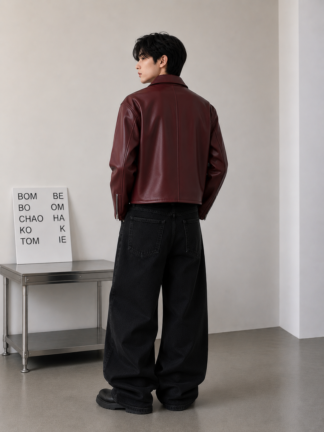 Side view of MercyWear oversized maroon leather jacket featuring Korean streetwear style, premium faux leather, and 3 metal hook closure.