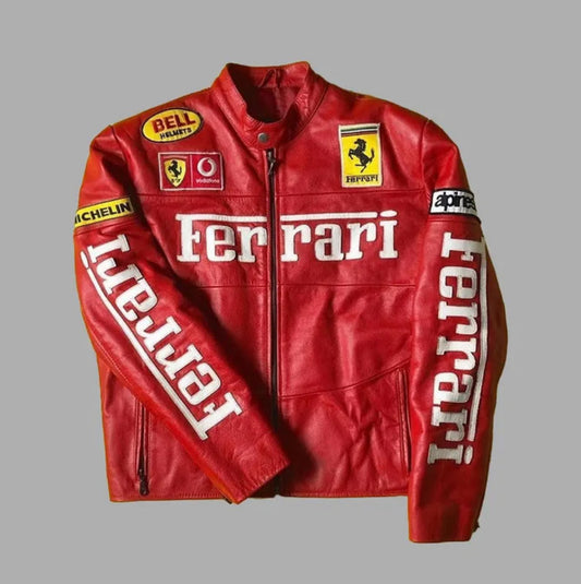 Ferrari Red Leather Racing Jacket – Iconic F1 Streetwear by Mercy Wear