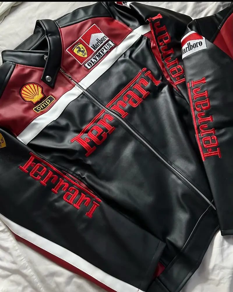 Ferrari Withe Jacket Ferrari F1 Leather Racing Jacket – Classic Motorsport Elegance – Mercy wear