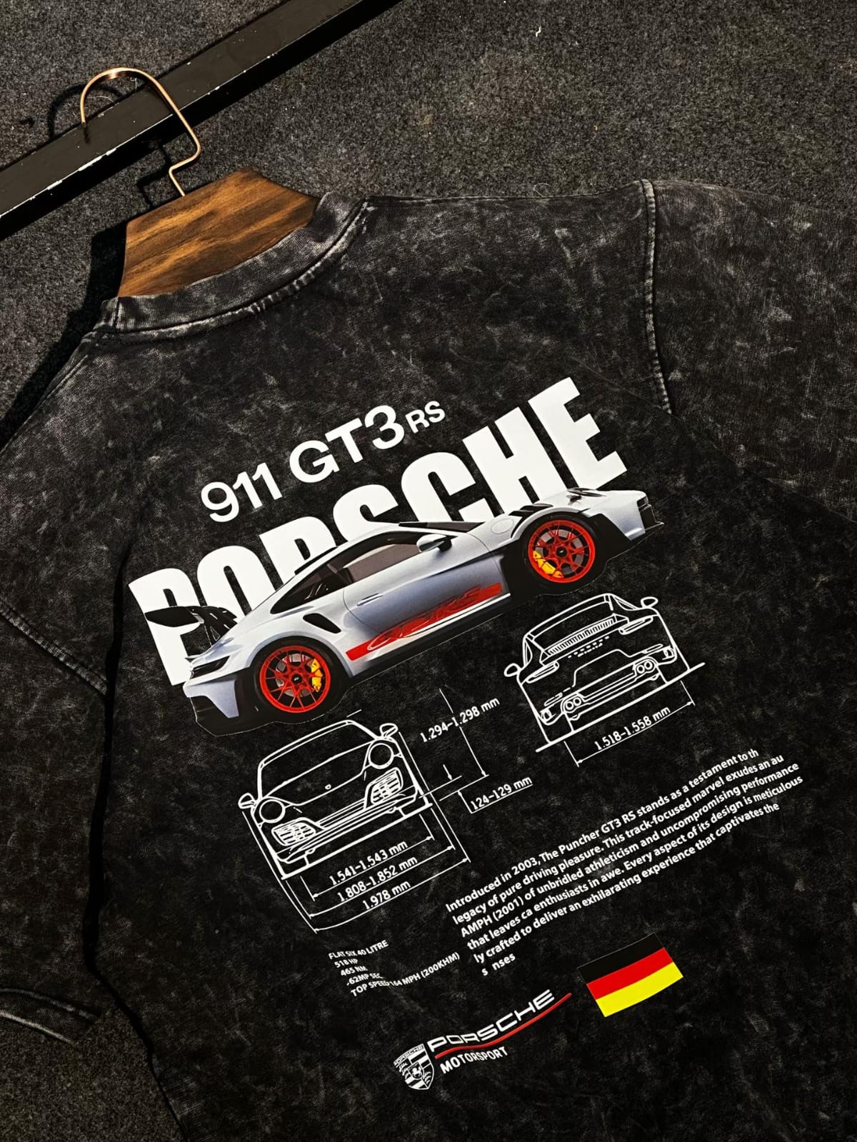 Dark acid-wash unisex T-shirt with Porsche 911 GT3 RS front graphic and diagrams