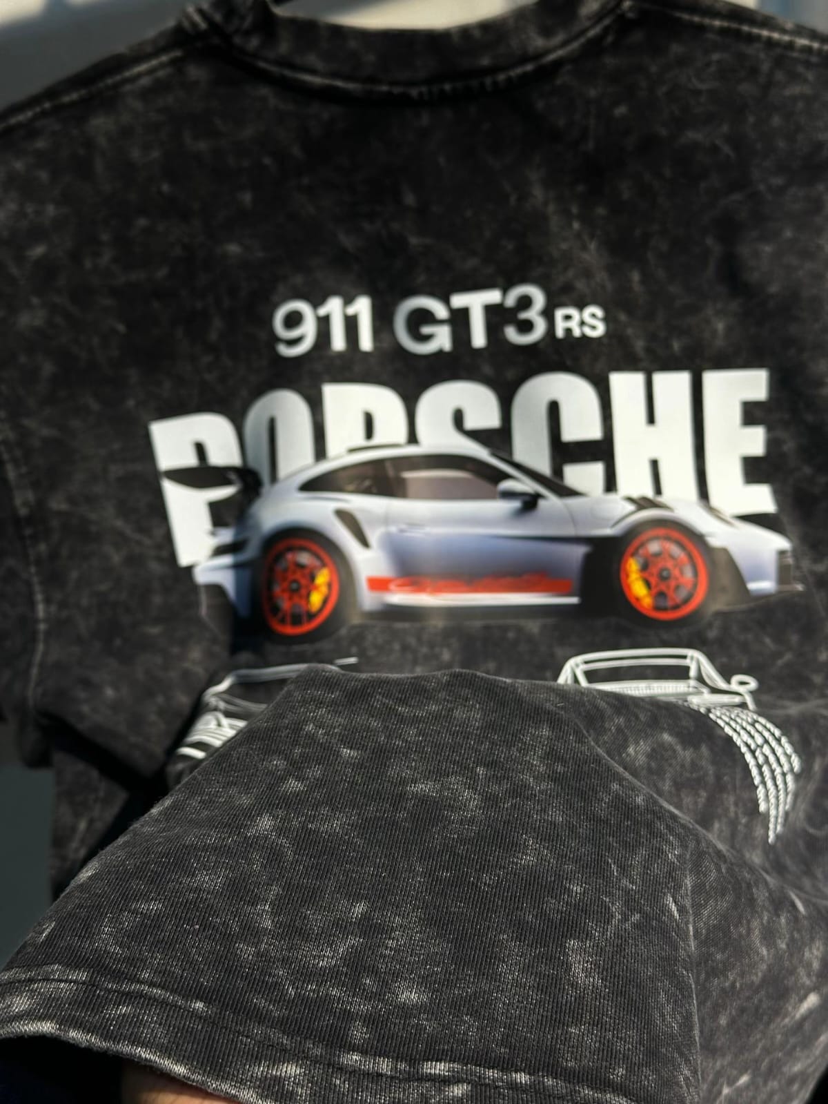 Dark acid-wash T-shirt detail with 911 GT3 RS Porsche car graphic