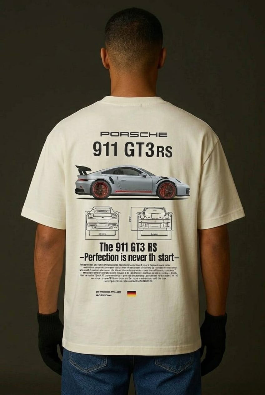 White crew-neck T-shirt with Porsche 911 GT3 RS graphic on back