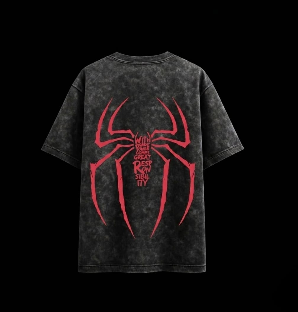 Acid-wash dark gray T-shirt with large red spider graphic on back