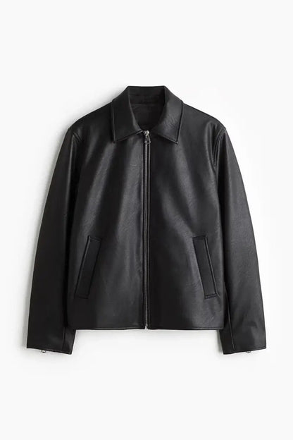 Black Boxy Leather Jacket – Oversized Streetwear Zip-Up with Matte Finish