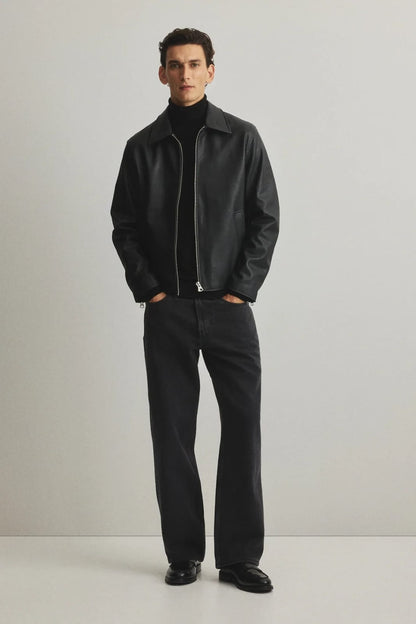 Black Boxy Leather Jacket – Oversized Streetwear Zip-Up with Matte Finish