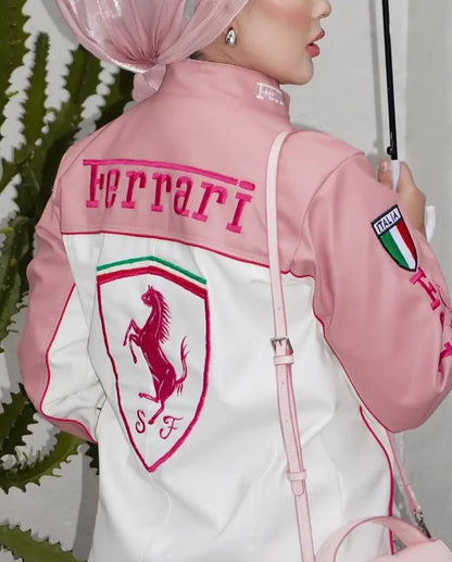 Pink Ferrari Leather Jacket – Luxe Motorsport Streetwear | Mercy Wear