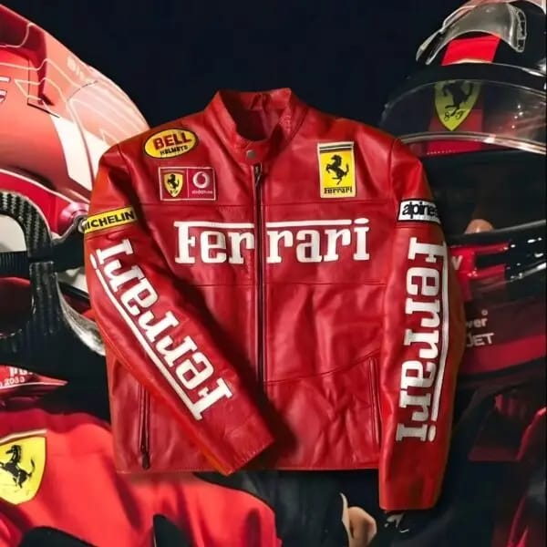 Red leather racing jacket on mannequin with Ferrari shield chest patch and full front zip