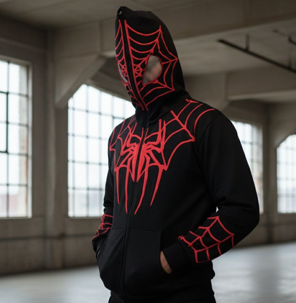 Black oversized zip hoodie with red spider-web graphic, hood up and long sleeves
