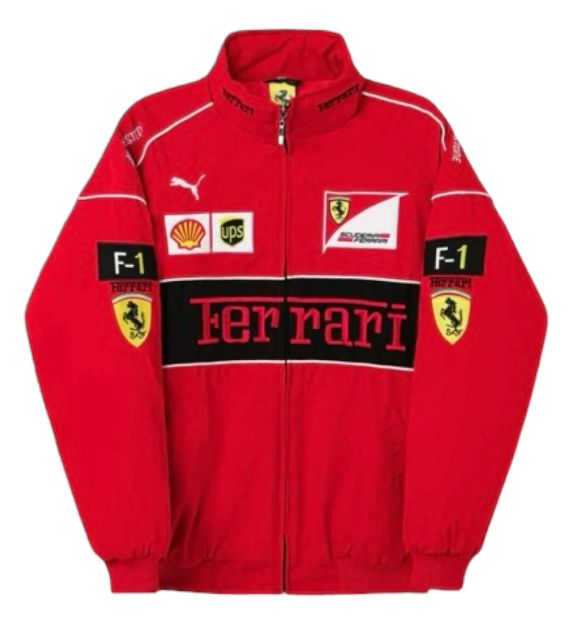 Red Ferrari F1 zip racing jacket with Ferrari logo, flags, and F-1 sleeve badges