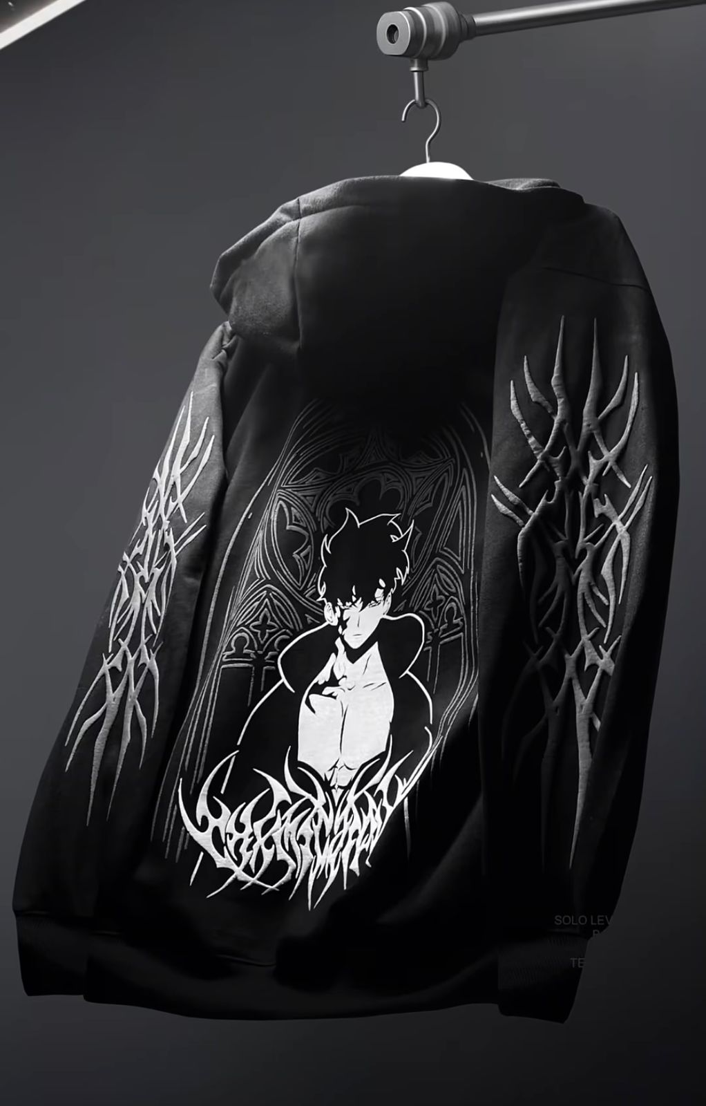 Black zipper balaclava hoodie with large back character emblem and flame sleeve graphics.