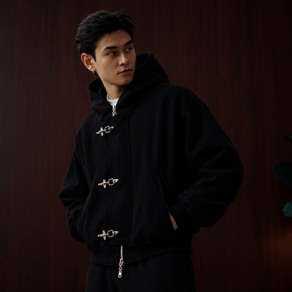 Black fireman clasp oversized hoodie front model view Mercywear