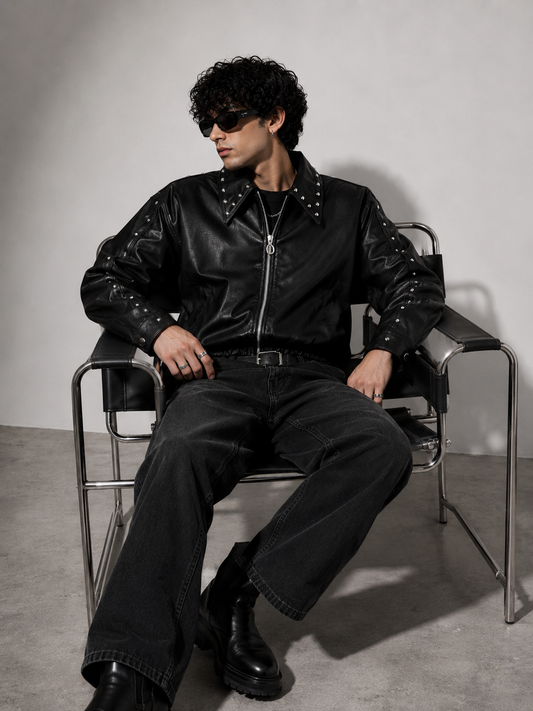 Black studded cropped jacket with silver detailing front view