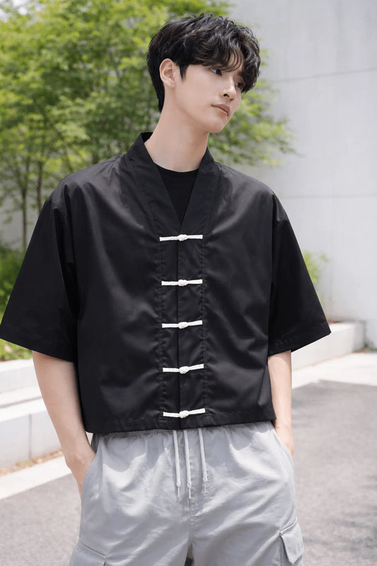 Black Mandarin oversized shirt front view Korean streetwear style