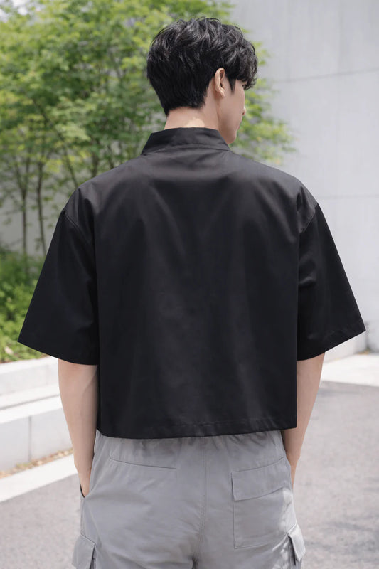 Black mandarin collar oversized unisex shirt minimalist fashion