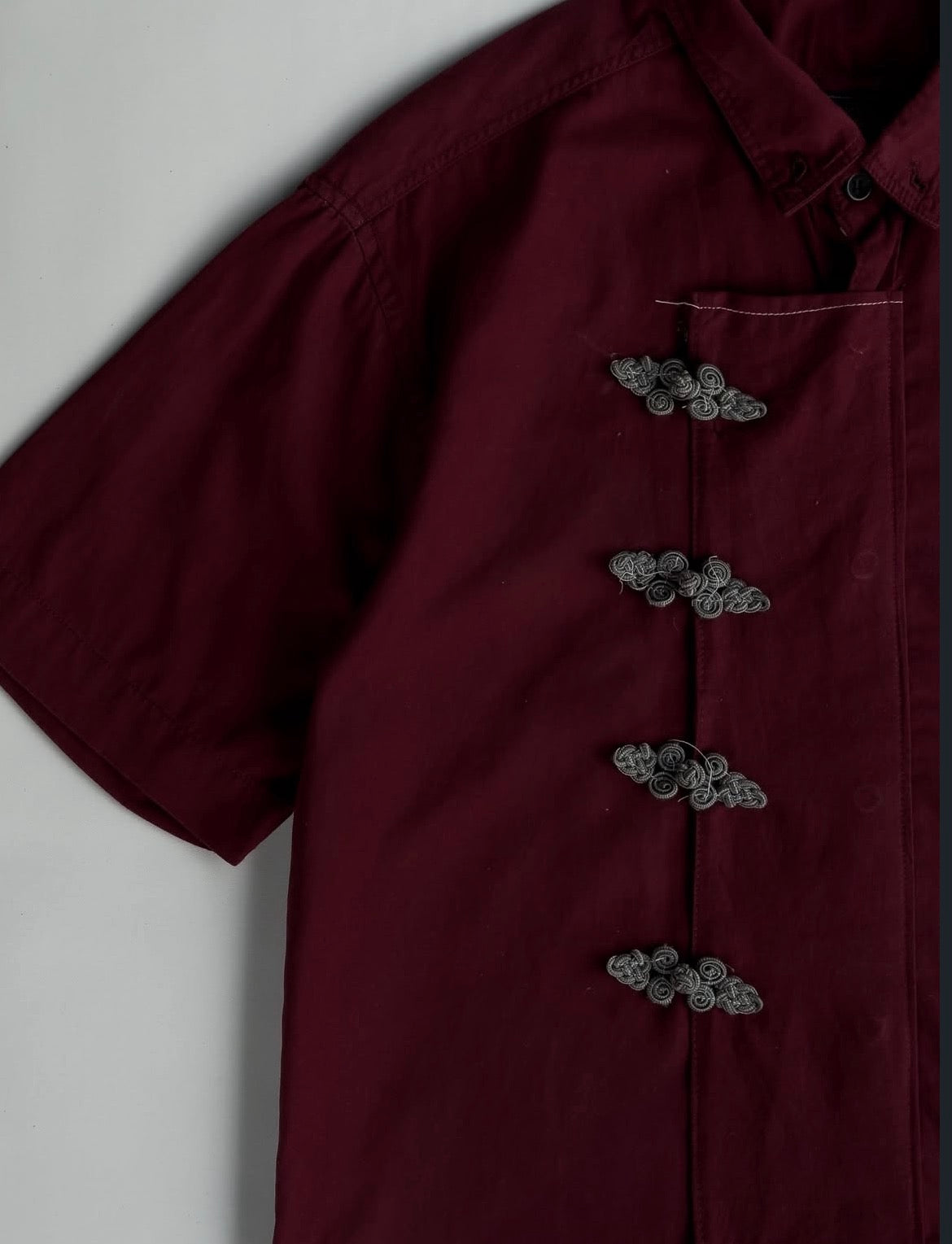 Burgundy Asian fusion shirt combining traditional and modern streetwear