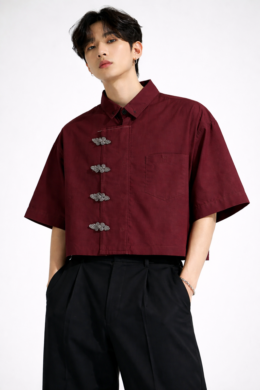 Burgundy Chinese style shirt front view with mandarin collar and frog buttons