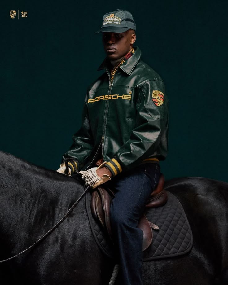 Dark green leather racing jacket with standing collar, Porsche sleeve patch, striped cuffs