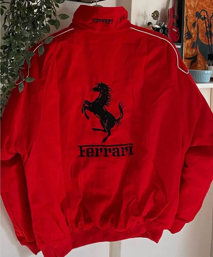 Red Ferrari F1 zip jacket back view with prancing horse and Ferrari logo