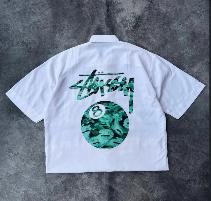 White oversized shirt with bold 8 ball graphic print unisex
