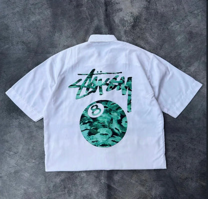 White oversized shirt with bold 8 ball graphic print unisex