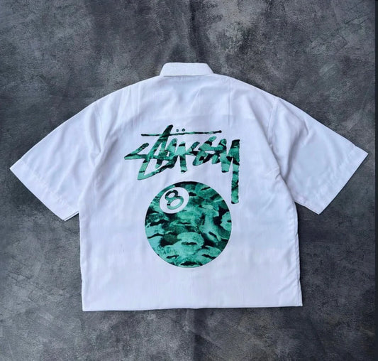 White oversized shirt with bold 8 ball graphic print unisex