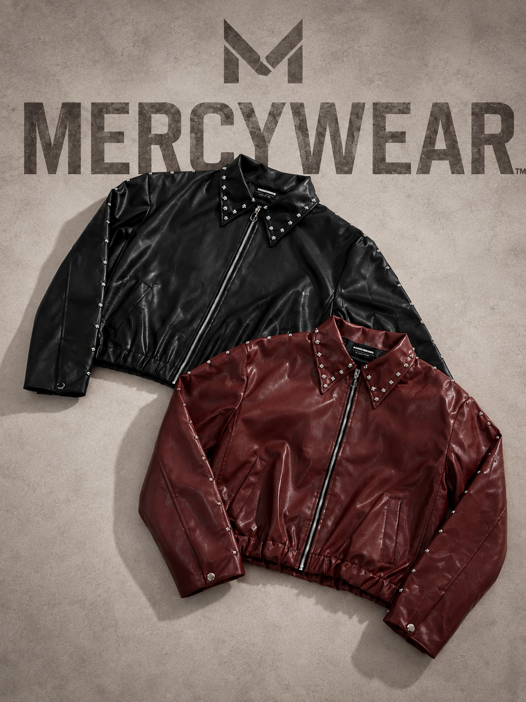 Ironbite black and burgundy cropped jackets with metallic stud detailing