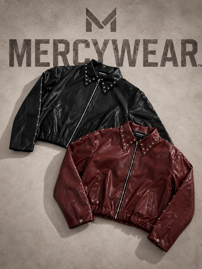 Ironbite black and burgundy cropped jackets with metallic stud detailing