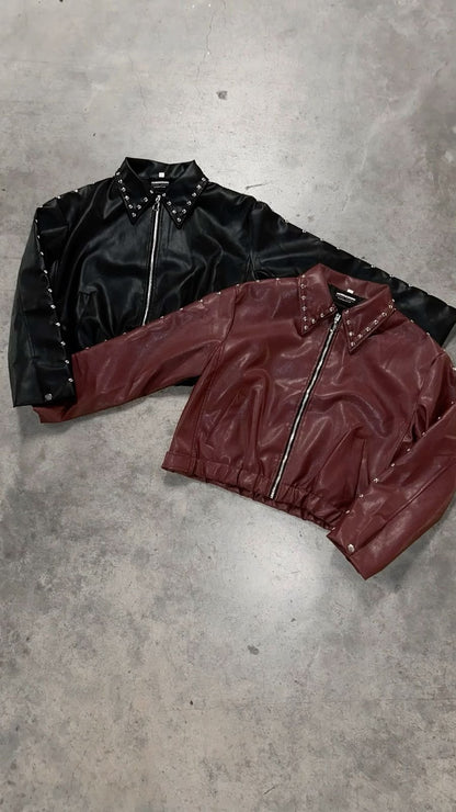 Ironbite burgundy cropped jacket front view with metallic stud detailing