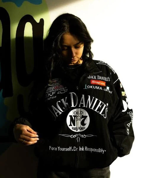 Black puffer jacket with Jack Daniel's No.7 logo, zip front, stand collar