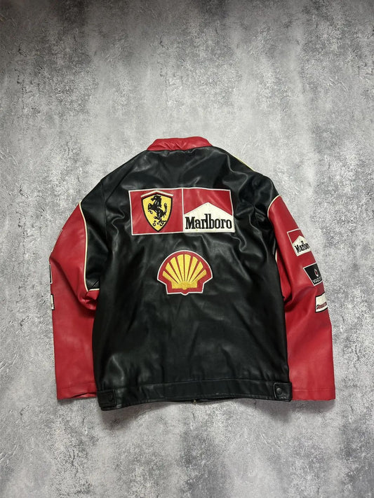 Marlboro-Style Black Leather Racing Jacket – Unisex Formula-Fit