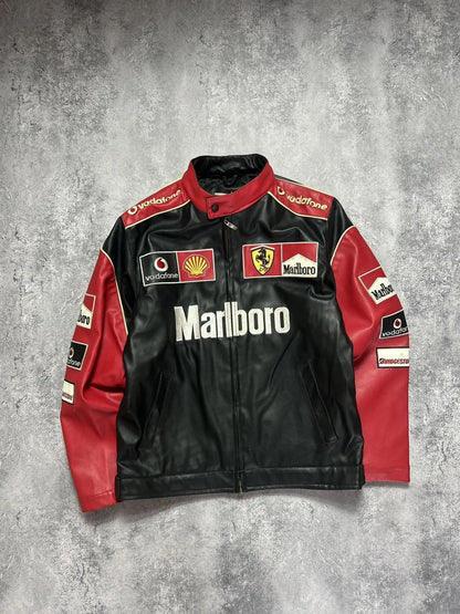 Marlboro-Style Black Leather Racing Jacket – Unisex Formula-Fit