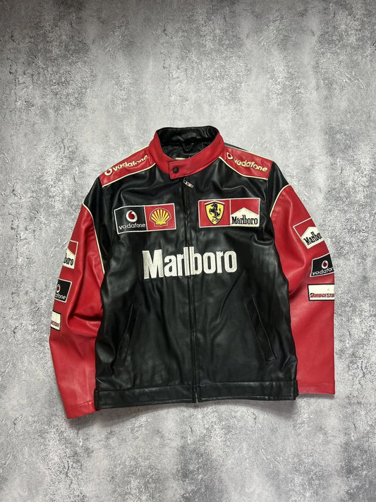 Marlboro-Style Black Leather Racing Jacket – Unisex Formula-Fit
