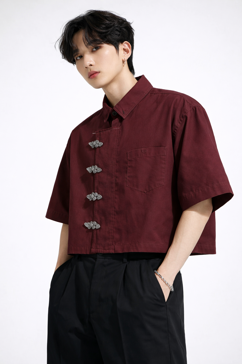 Men’s burgundy mandarin collar shirt with traditional Chinese design
