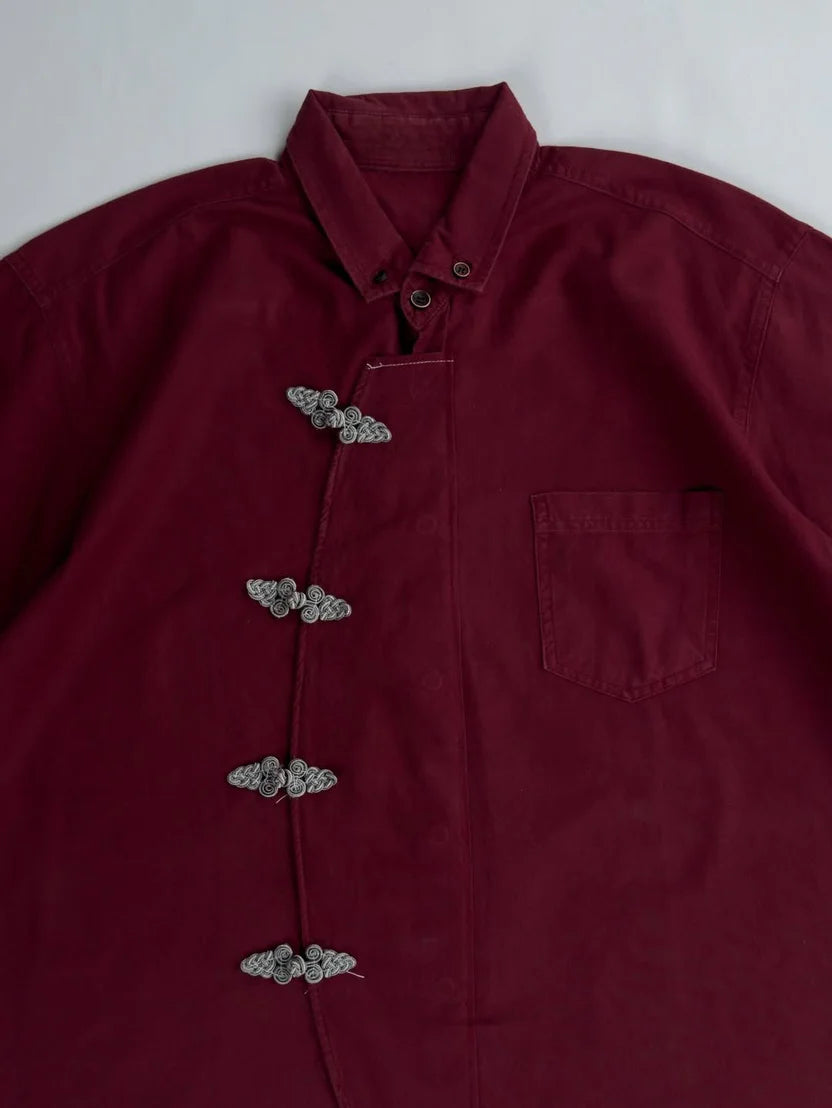Korean streetwear oversized crimson shirt casual outfit styling