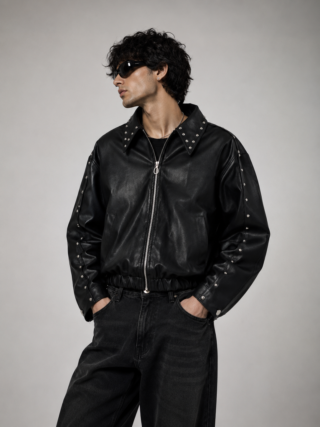 Men's black studded cropped jacket with pointed collar