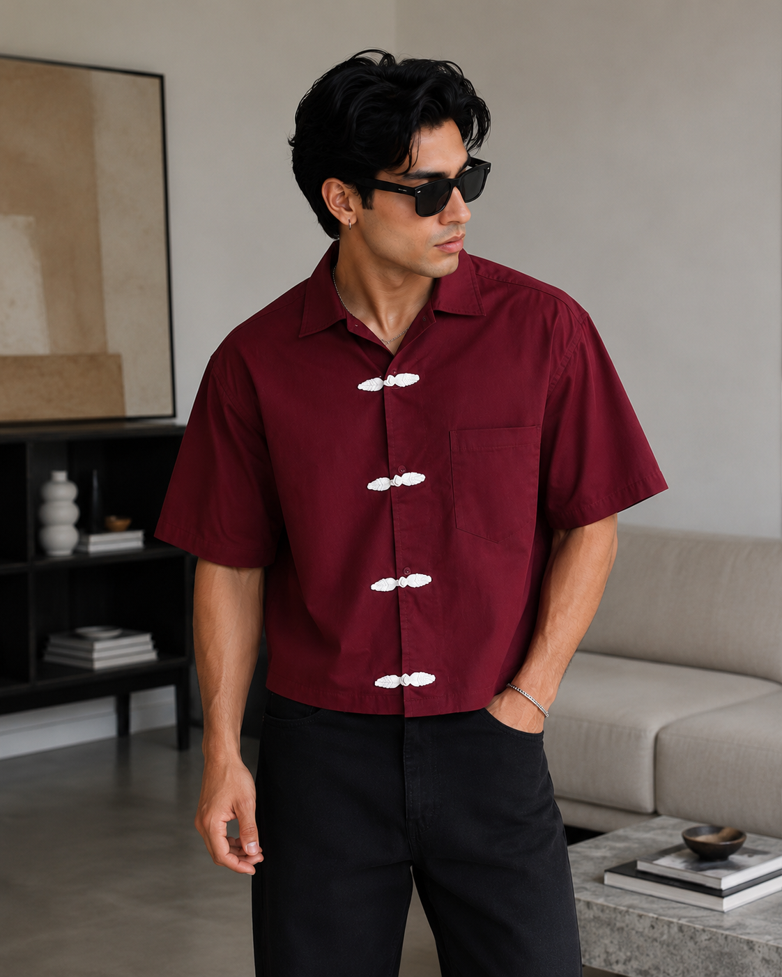 Back view of Mercy Wear Burgundy Chinese Button Cropped Shirt showing oversized cropped silhouette, premium cotton fabric, and clean minimal streetwear design.