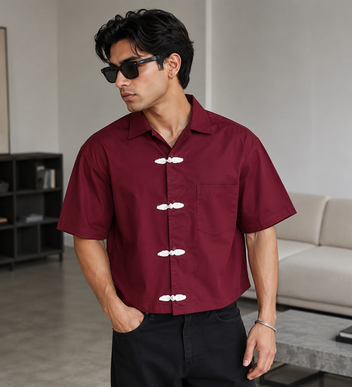 Mercy Wear Burgundy Chinese Button Cropped Shirt for men featuring oversized boxy fit, premium cotton fabric, half sleeves, and traditional Chinese frog buttons
